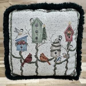 VTG Shumaker Patton Tapestry Pillow Cardinals Birdhouses Christmas Holiday Birds